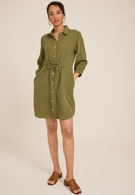 3/4 Sleeve Button Front Shirt Dress