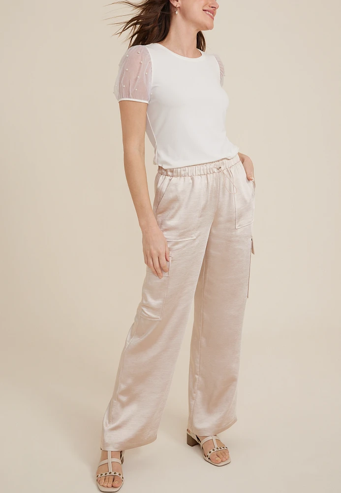 Satin High Rise Cargo Wide Leg Pant