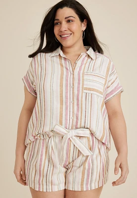 Plus Striped Utility Dolman Button Down Shirt