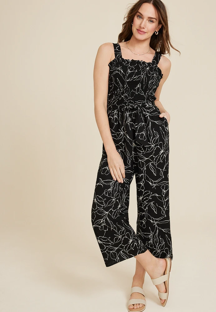 Floral Linen Smocked Jumpsuit