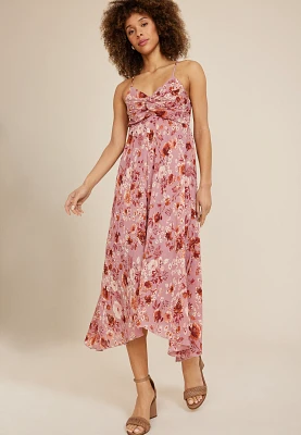 Floral Plisse Twist Front Midi Dress