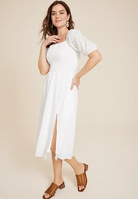 Eyelet Puff Sleeve Midi Dress