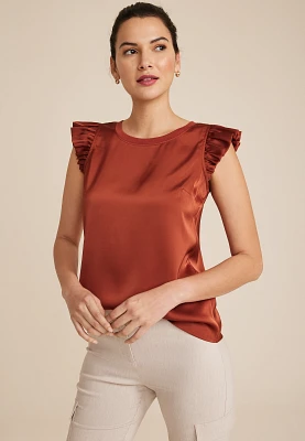 Satin Ruffle Sleeve Tank Top