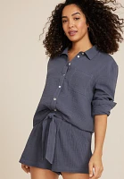 Cropped Double Cloth Relaxed Button Up Shirt