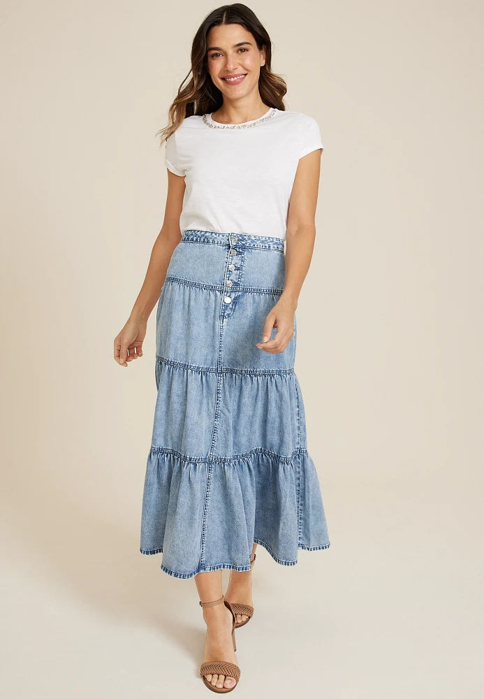 Button Fly Tiered Nonstretch Denim Maxi Skirt