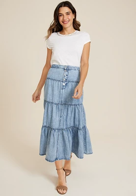 Button Fly Tiered Nonstretch Denim Maxi Skirt
