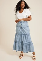 Plus Button Fly Tiered Denim Maxi Skirt