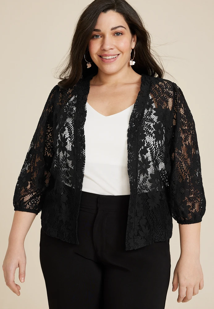 Plus Embroidered Lace Cropped Kimono