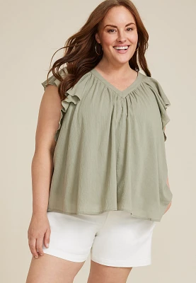 Plus Flutter Sleeve V Neck Blouse