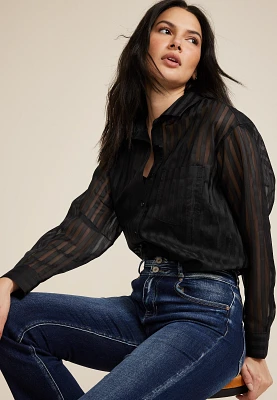 Relaxed Sheer Stripe Button Front Blouse