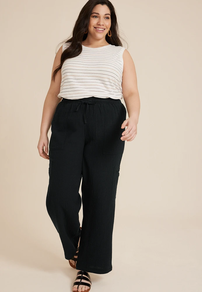 Plus High Rise Double Cloth Cargo Wide Leg Pant