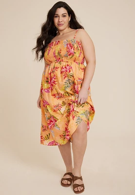 Plus Floral Smocked Poplin Midi Dress