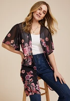 Black Floral Flutter Sleeve Kimono