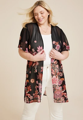 Plus Black Floral Flutter Sleeve Kimono