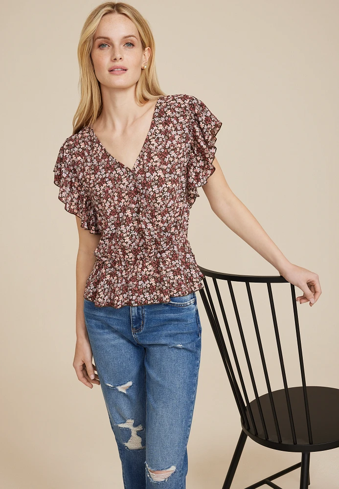 Floral Flutter Sleeve Peplum Blouse