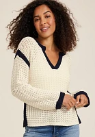 Striped Trim V Neck Pullover