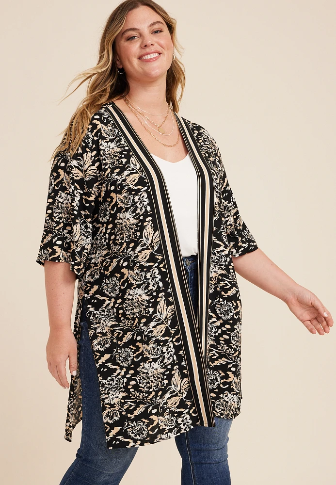 Plus Floral Border Kimono