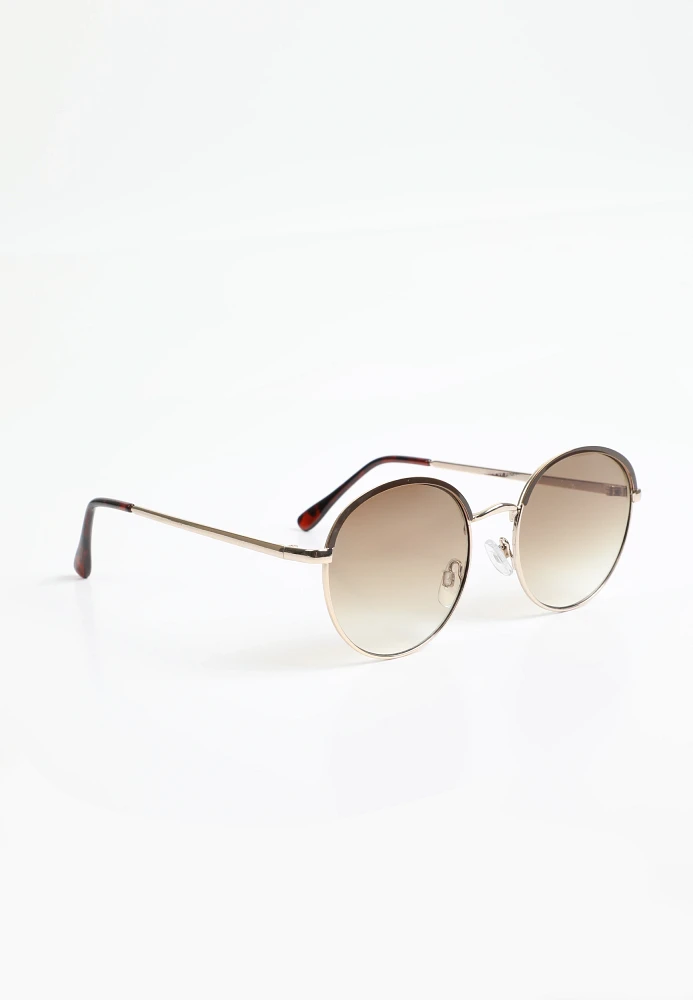 Brown And Gold Metal Round Sunglasses