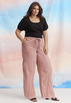 Plus Size Soft Linen High Rise Cargo Wide Leg Pant