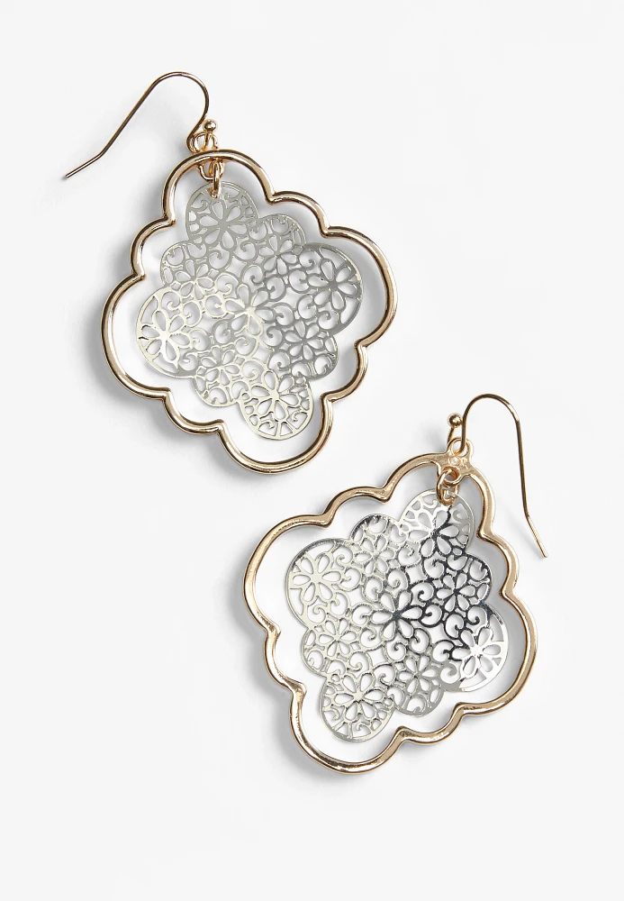 Mixed Metal Clover Filigree Drop Earrings