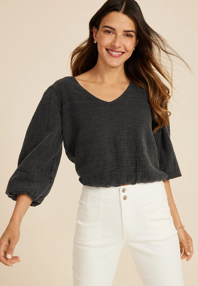 Double Cloth 3/4 Sleeve Bubble Hem Blouse