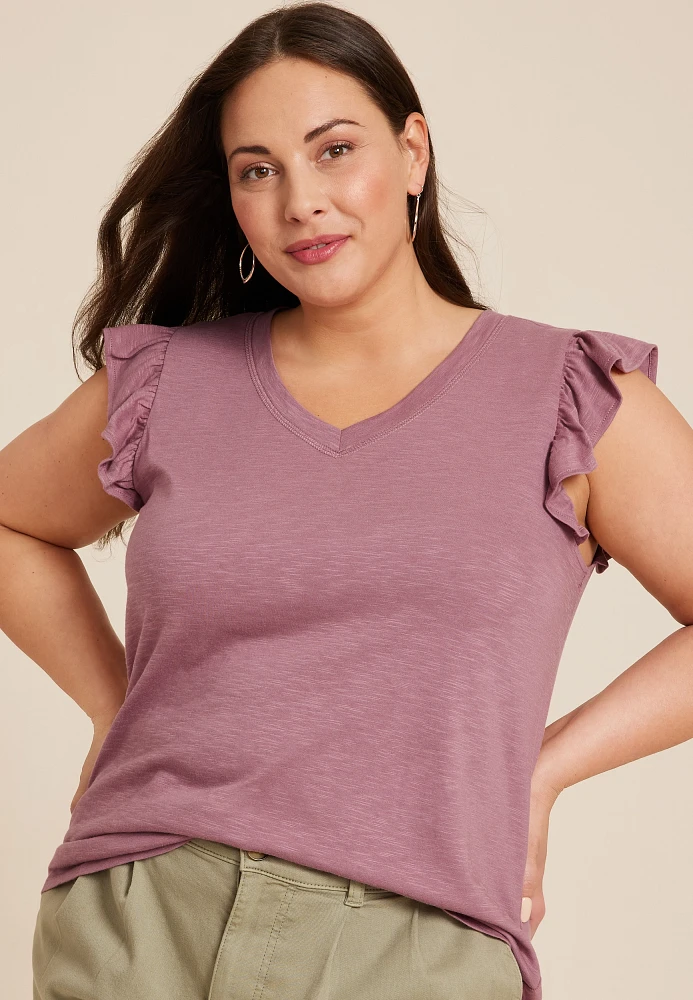 Plus Brookside V Neck Ruffle Sleeve Tee