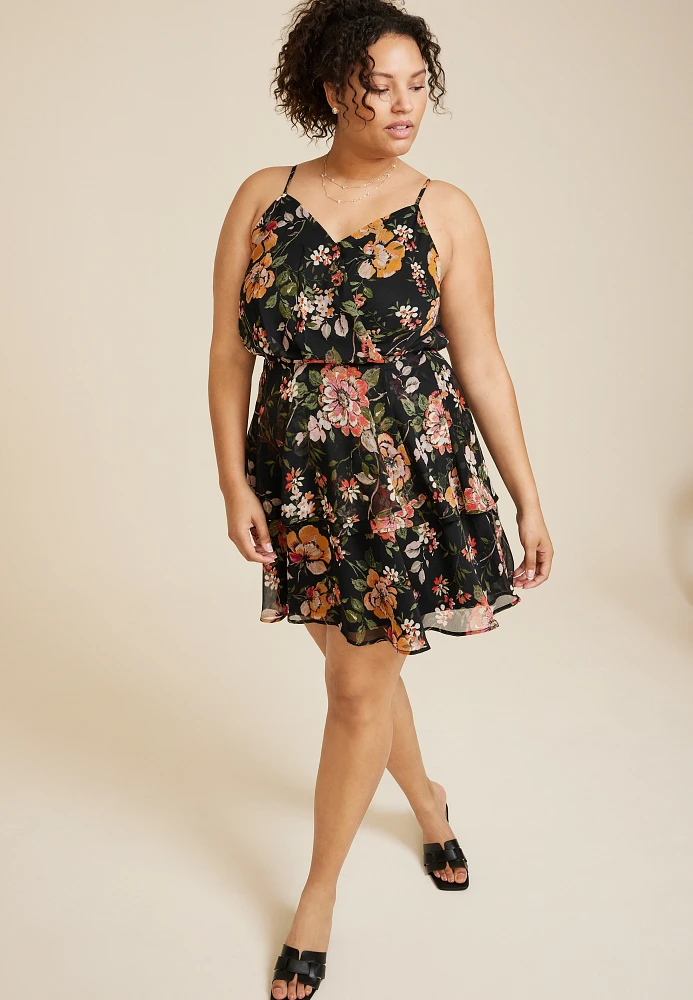 Plus Bare Floral Surplice Mini Dress