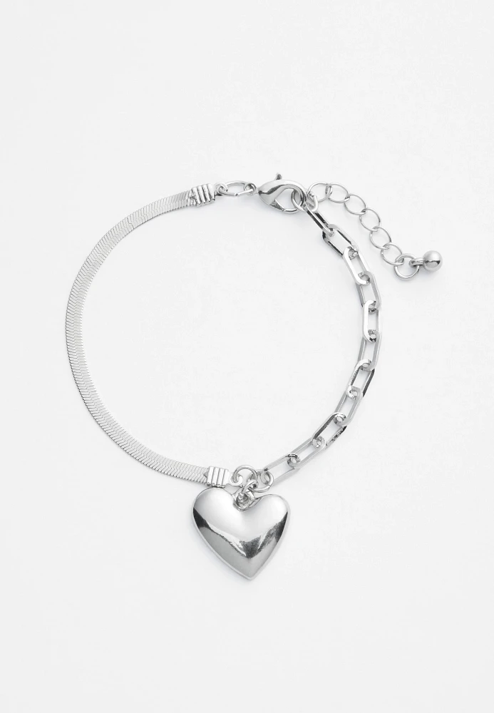 Silver Puffy Heart Charm Bracelet