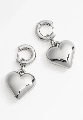 Silver Puffy Heart Drop Earrings