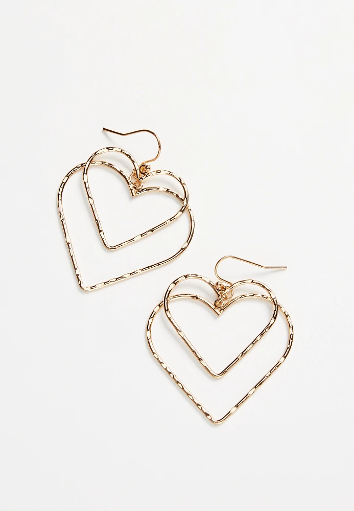 Gold Double Heart Drop Earrings