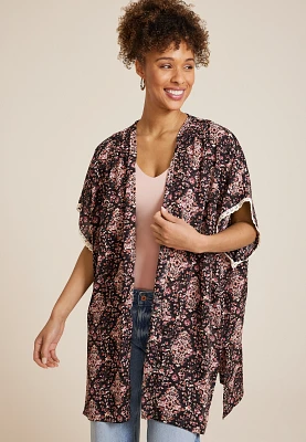 Printed Lace Trim Kimono