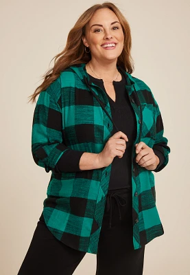 Plus Cabin Plaid Boyfriend Hooded Button Down Shirt