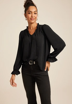 Ruffle Trim Tie Front Blouse