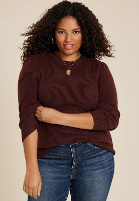 Plus Cabled Dells Puff Sleeve Sweater