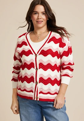 Plus Wavy Striped Knit Cardigan