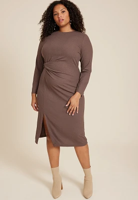 Plus 24/7 Knot Front Long Sleeve Midi Dress