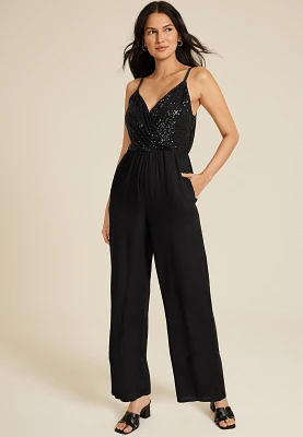 Sequin V Neck Wide Leg Jumpsuit