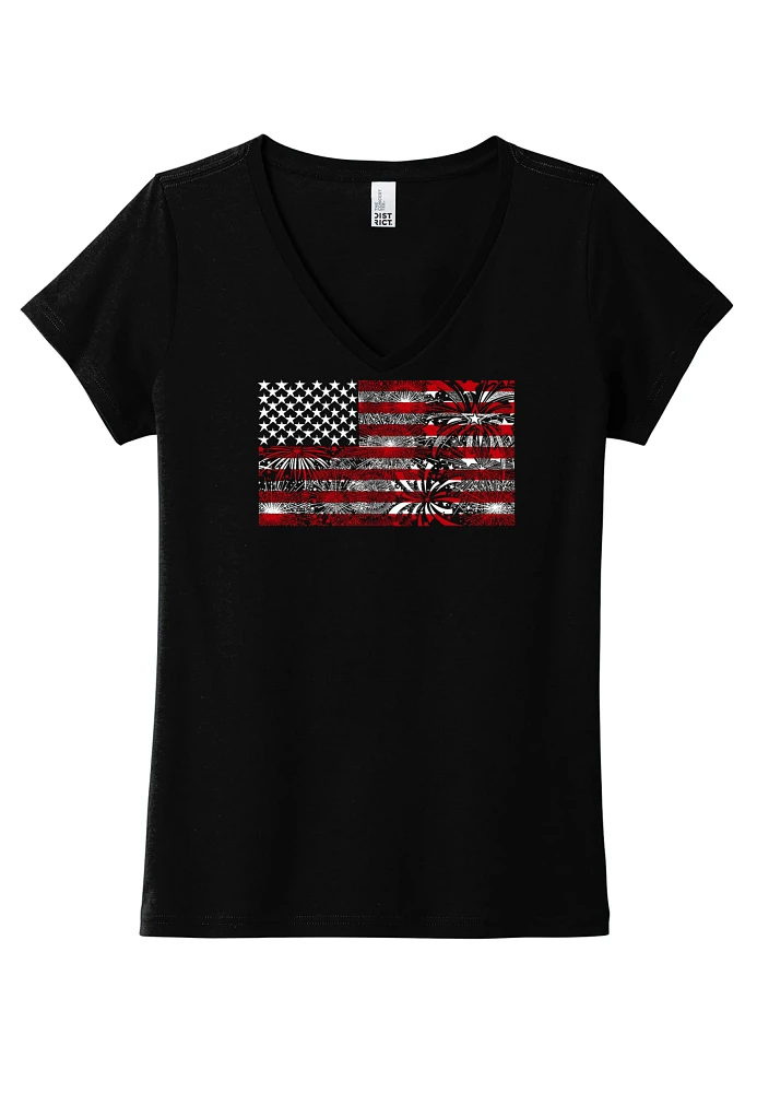 LA Pop Art Women's Word Fireworks American Flag Graphic Tee