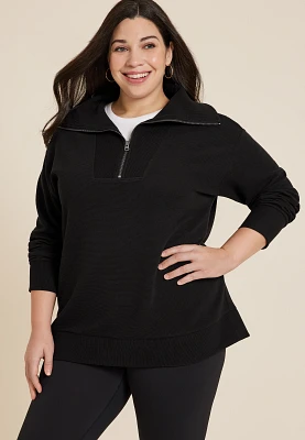 Plus Ribbed Knit Shawl Collar Tunic Sweatshirt