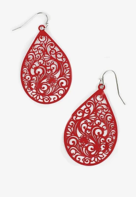 Red Filigree Teardrop Earrings