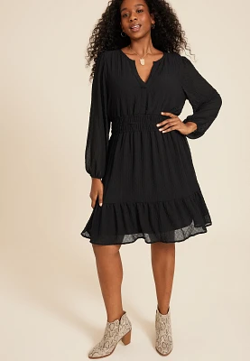 Plus Notch Neck Long Sleeve Skater Dress