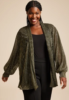 Plus Metallic Plisse Blouson Sleeve Cardigan