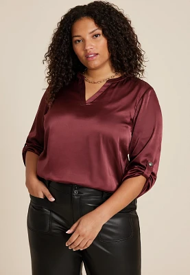 Plus Atwood Satin 3/4 Sleeve Popover Blouse