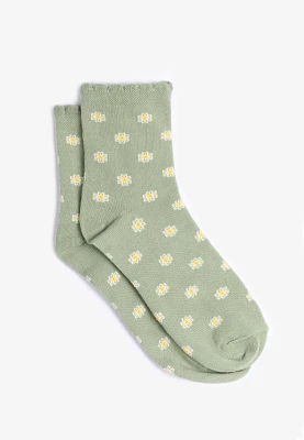 Green Floral Crew Socks