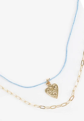 Gold And Blue Dainty Double Layered Heart Necklace