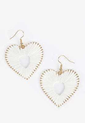 White And Gold Raffia Heart Drop Earrings