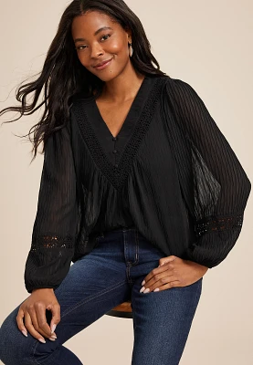 Crochet Trim V Neck Blouse