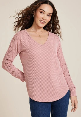 Wavy Ribbed Crochet Trim Blouse