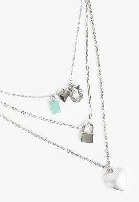 Silver Multi Charm Layered Necklace