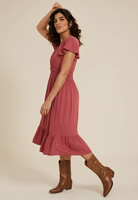 Flutter Sleeve V Neck Midi Dress